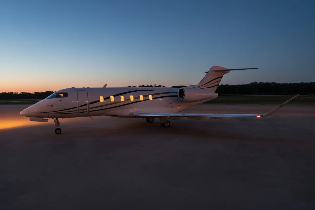 Bombardier Challenger on the ramp at dusk