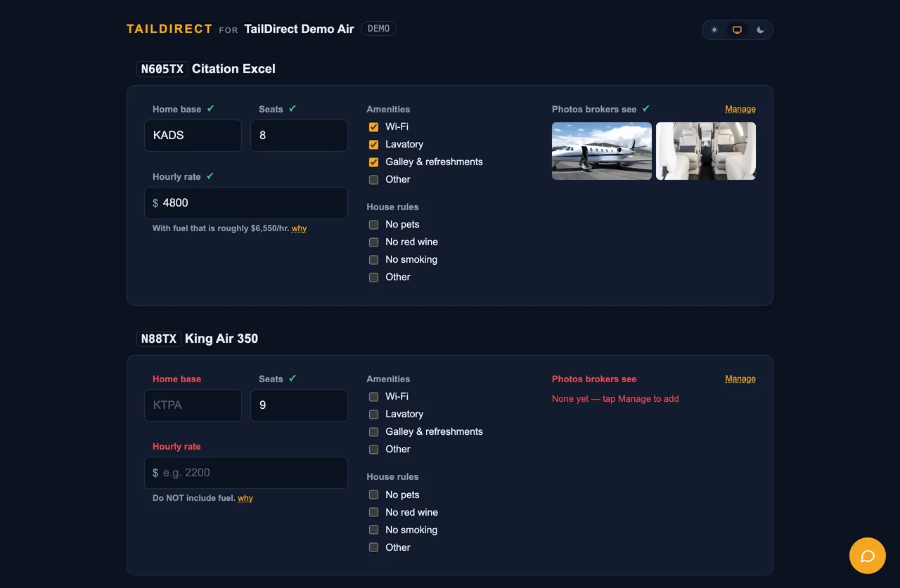 TailDirect fleet editor for a demo operator: a completeness meter for the fleet and an aircraft card with photos, base airport, seats, hourly rate and amenities, each field editable