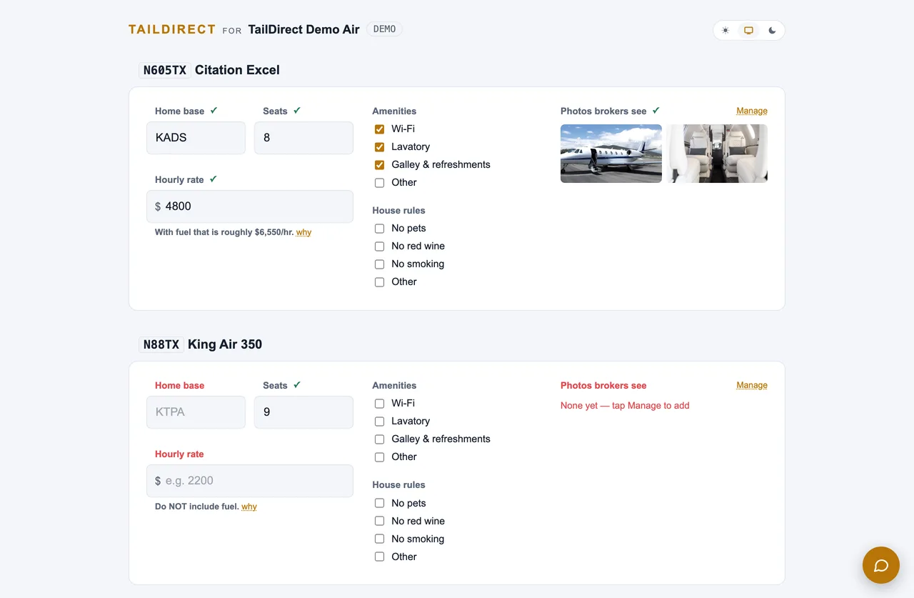 TailDirect fleet editor for a demo operator: a completeness meter for the fleet and an aircraft card with photos, base airport, seats, hourly rate and amenities, each field editable