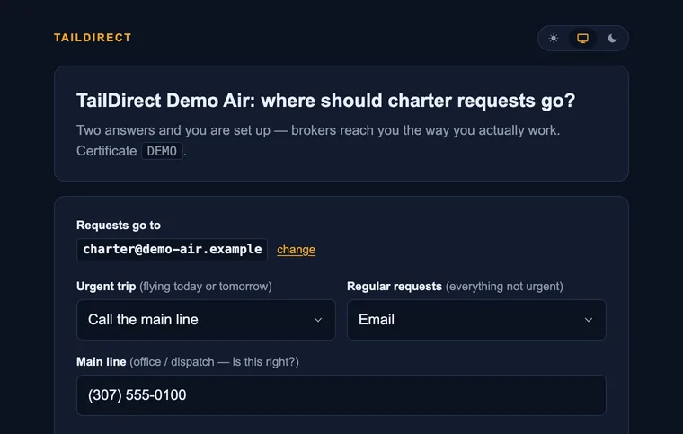TailDirect contact page for a demo operator: the charter inbox for requests, the phone, how the operator prefers to be reached and the base airport, prefilled and editable