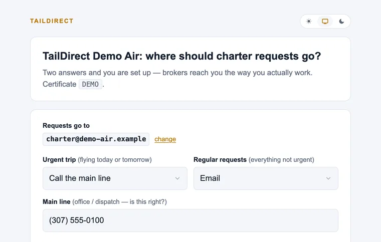 TailDirect contact page for a demo operator: the charter inbox for requests, the phone, how the operator prefers to be reached and the base airport, prefilled and editable