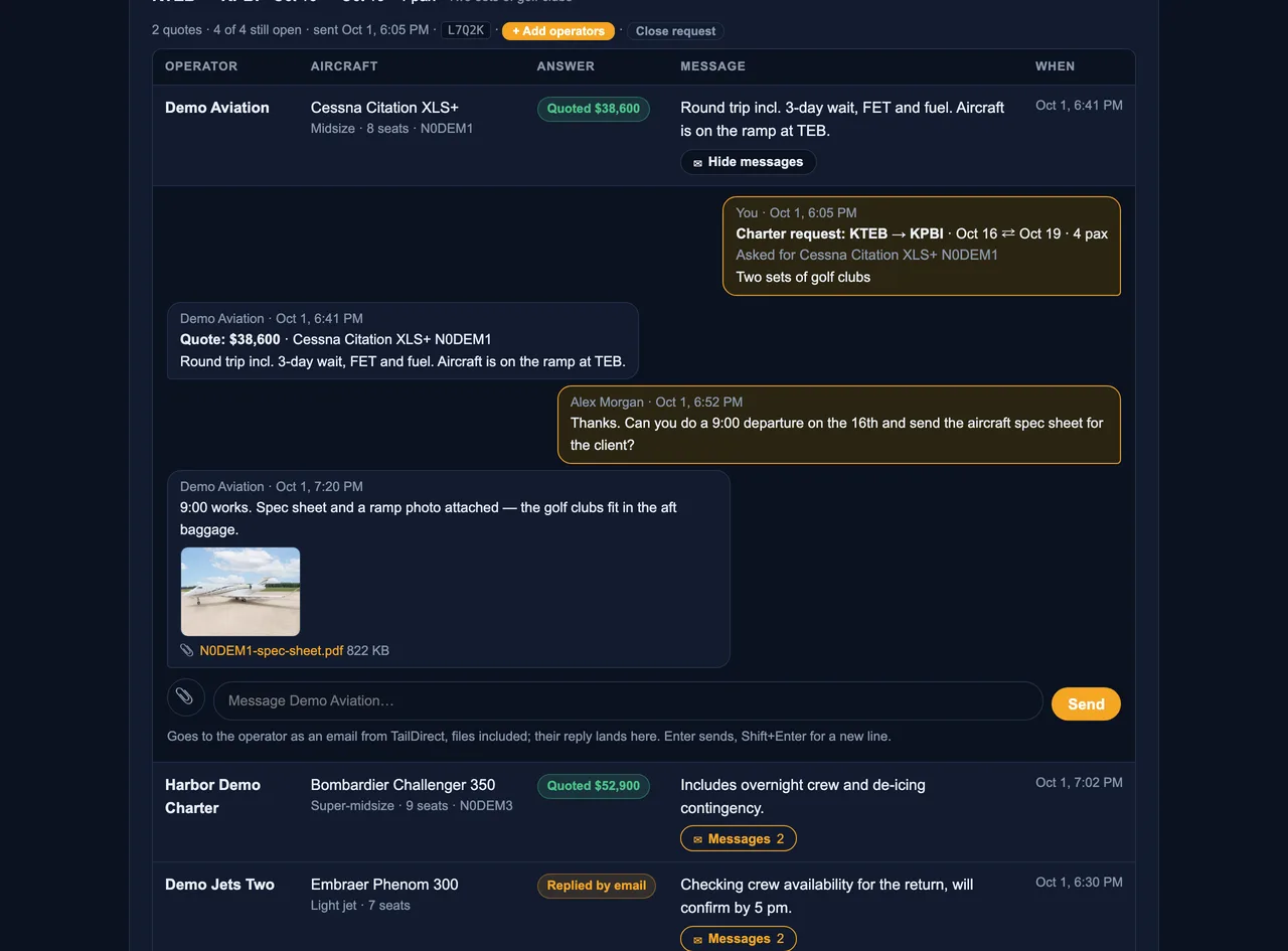 TailDirect broker portal, the conversation with one demo operator inside a request: the trip, the operator's quote, a question from the broker and the operator's reply with a photo and a spec sheet attached