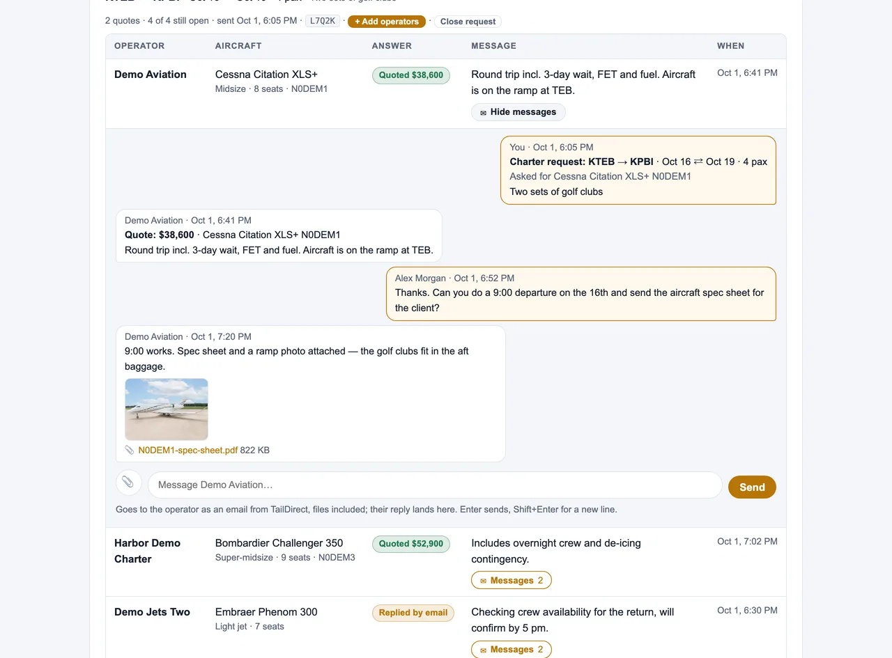 TailDirect broker portal, the conversation with one demo operator inside a request: the trip, the operator's quote, a question from the broker and the operator's reply with a photo and a spec sheet attached